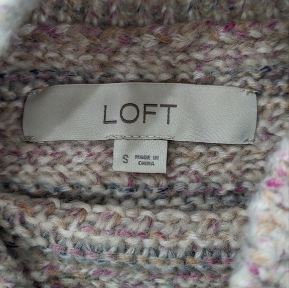 LOFT Woman Oversized Light Pink Striped Knit Sweater Mock Neck Fringe Soft S - Picture 7 of 9